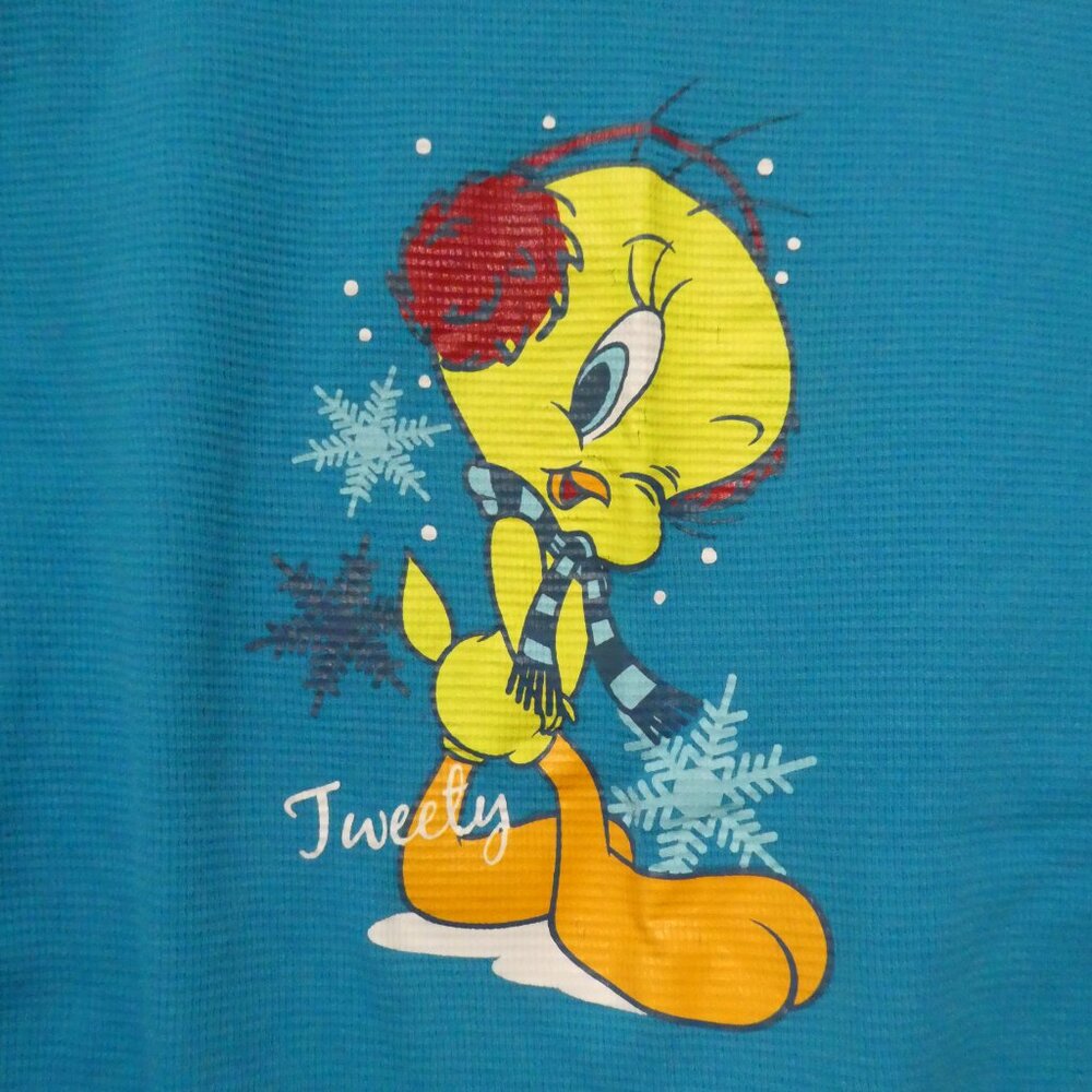 TWEETY! | large | Blue Waffle Knit Long Sleeve Pajama Shirt | Tweety Print Front
